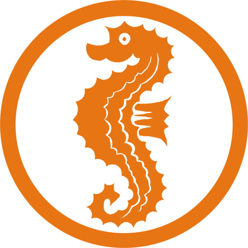 Orangefarbene Seepferdchen-Illustration im Kreis.